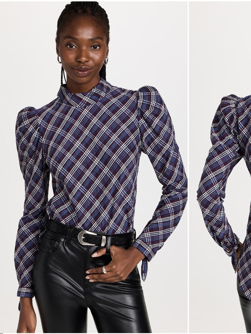 Veronica Beard Isabel Plaid Puff-Sleeve Top - Navy & White